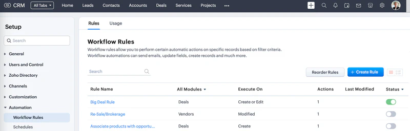 Zoho Workflow Rules Page Zoho Workflow Rules Page